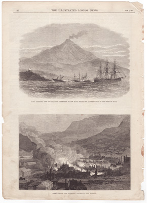 HMS Caledonia and two steamers attempting to tow HMS Psyche
Great Fire at Port Lyttelton, Canterbury, New Zealand 